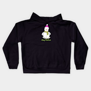 Merry christmas snowman with green scarf and pink hat Kids Hoodie